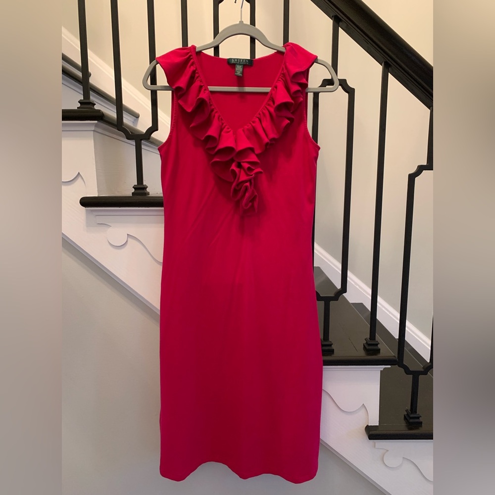 Lauren by Ralph Lauren hot pink dress with neckline ruffle …size M